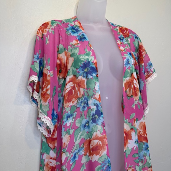 Chic Happens | Vibrant Floral Lace Trim Open Front Kimono Robe Swim Cover-Up - Picture 6 of 12